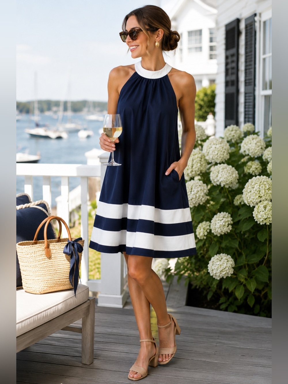 Christian Lacroix Navy White Halter Mini Dress Nautical Resort XS